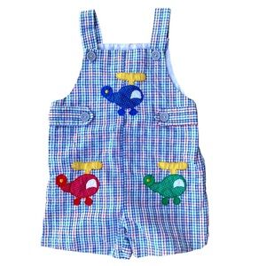 Vintage Blue & White Gingham Overall Shorts w/ Embroidered Airplanes / Size 4T